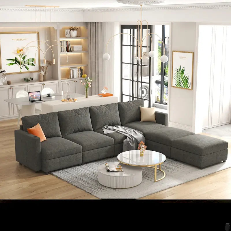 Canapé d'angle modulable 4 places en U gris avec poufs de rangement