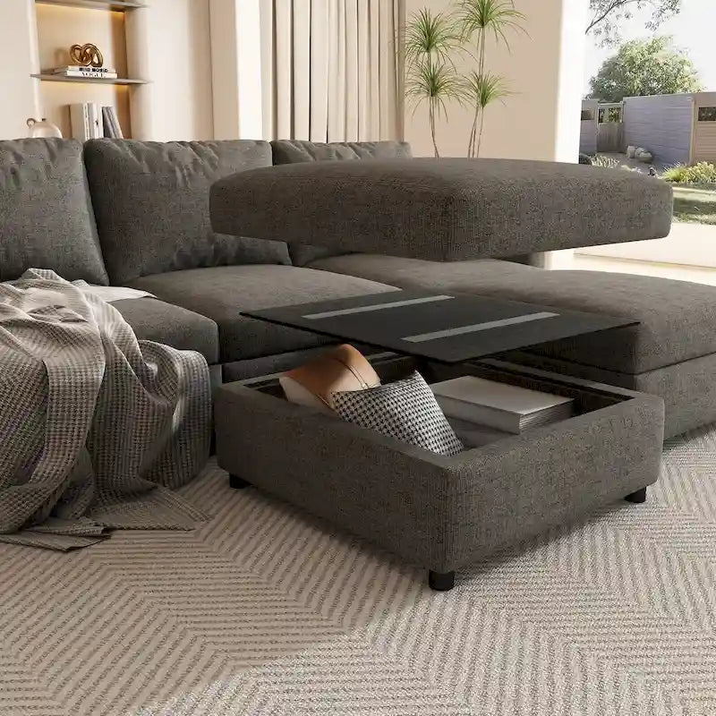 Canapé d'angle modulable 4 places en U gris avec poufs de rangement