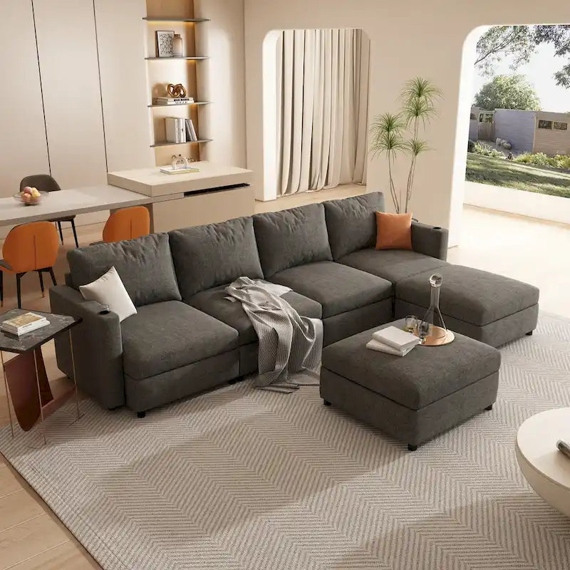 Canapé d'angle modulable 4 places en U gris avec poufs de rangement