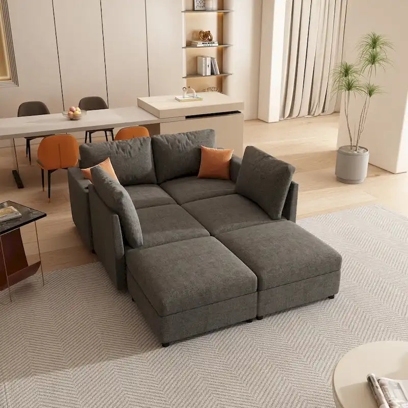 Canapé d'angle modulable 4 places en U gris avec poufs de rangement