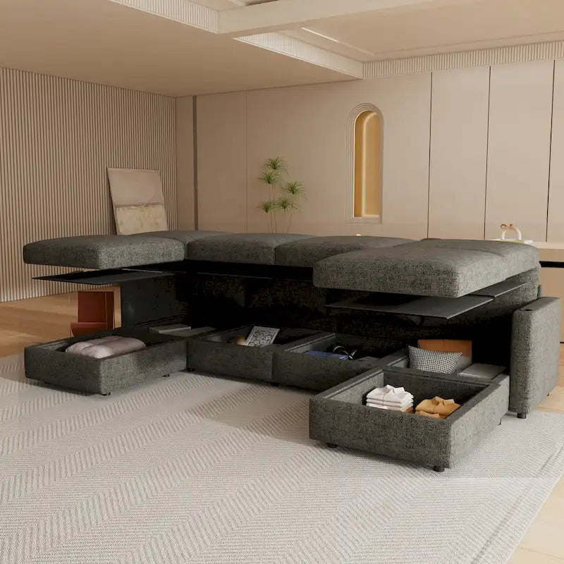 Canapé d'angle modulable 4 places en U gris avec poufs de rangement