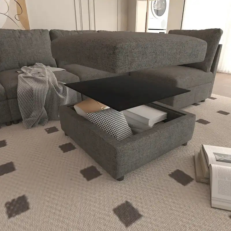 Canapé d'angle modulable 4 places en U gris avec poufs de rangement