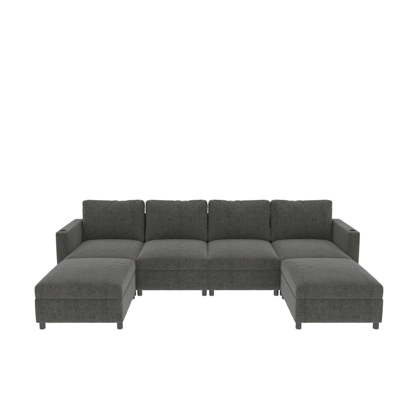 Canapé d'angle modulable 4 places en U gris avec poufs de rangement