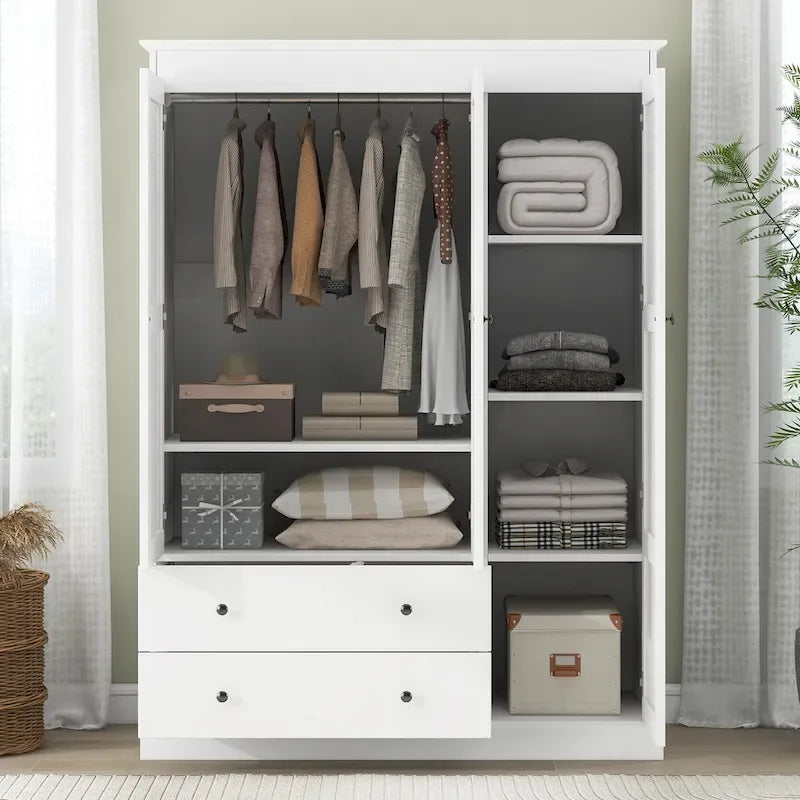 47,2 Armoire moderne avec 3 portes persiennes, 2 tiroirs et 4 étagères de rangement