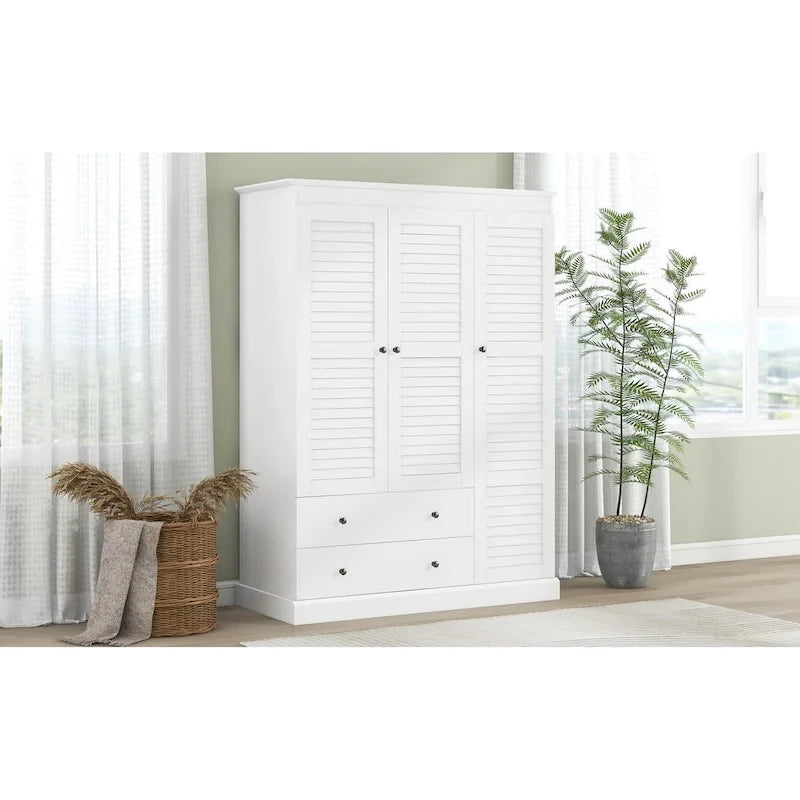 47,2 Armoire moderne avec 3 portes persiennes, 2 tiroirs et 4 étagères de rangement