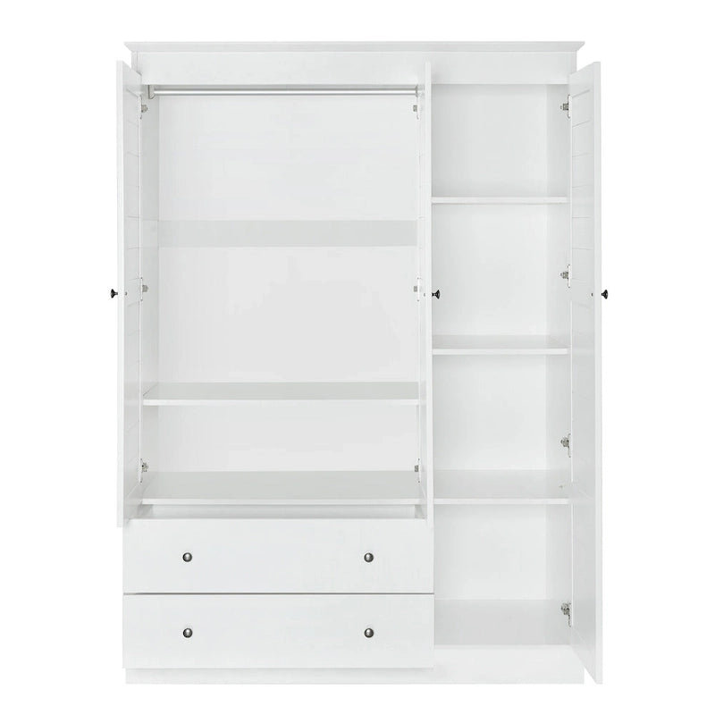 47,2 Armoire moderne avec 3 portes persiennes, 2 tiroirs et 4 étagères de rangement