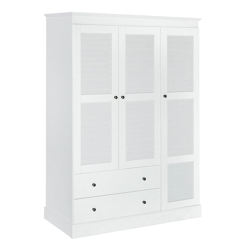 47,2 Armoire moderne avec 3 portes persiennes, 2 tiroirs et 4 étagères de rangement
