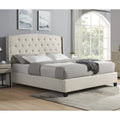 Lit plateforme rembourré en polyester beige avec tête de lit capitonnée à oreilles