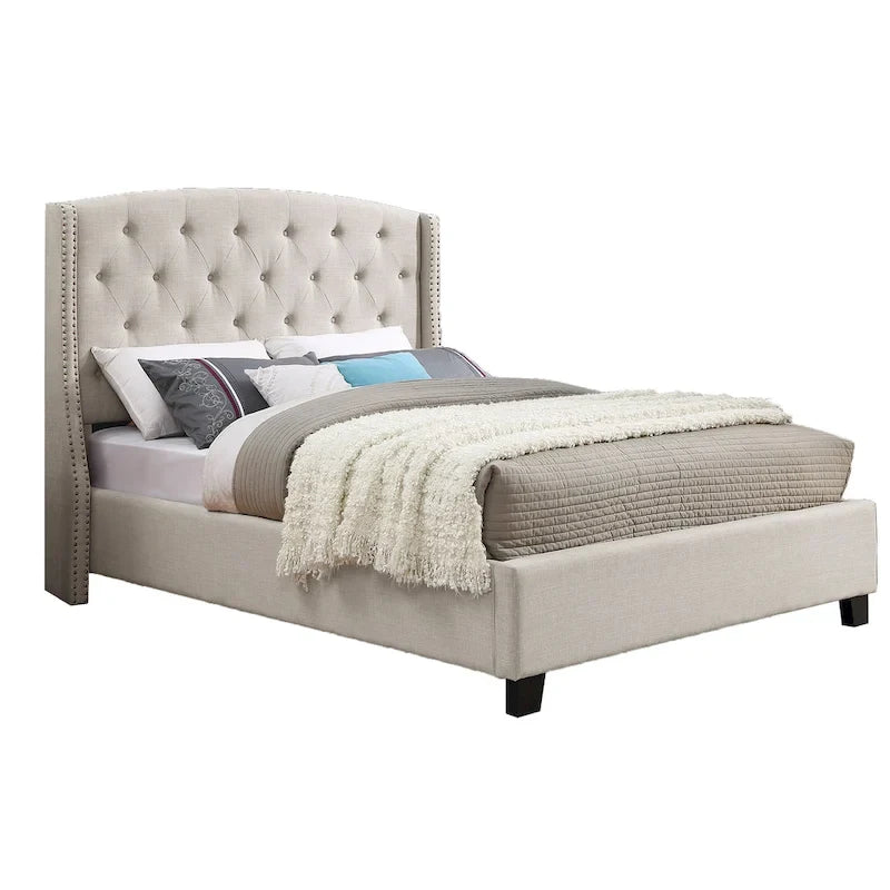 Lit plateforme rembourré en polyester beige avec tête de lit capitonnée à oreilles