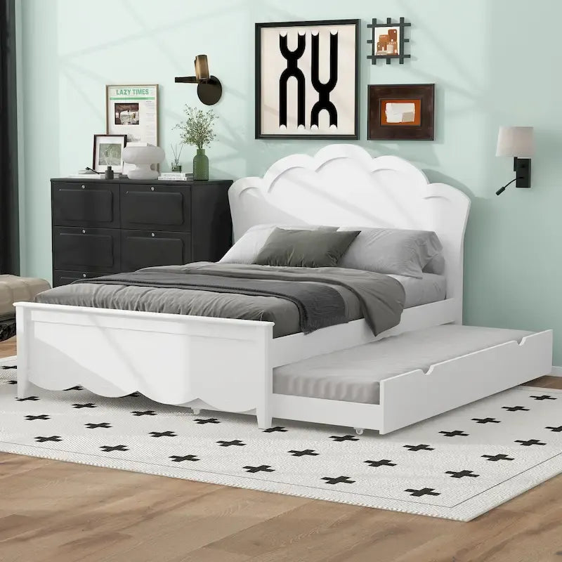 Lit plateforme moderne en bois blanc grand format avec tête de lit et lit gigogne double