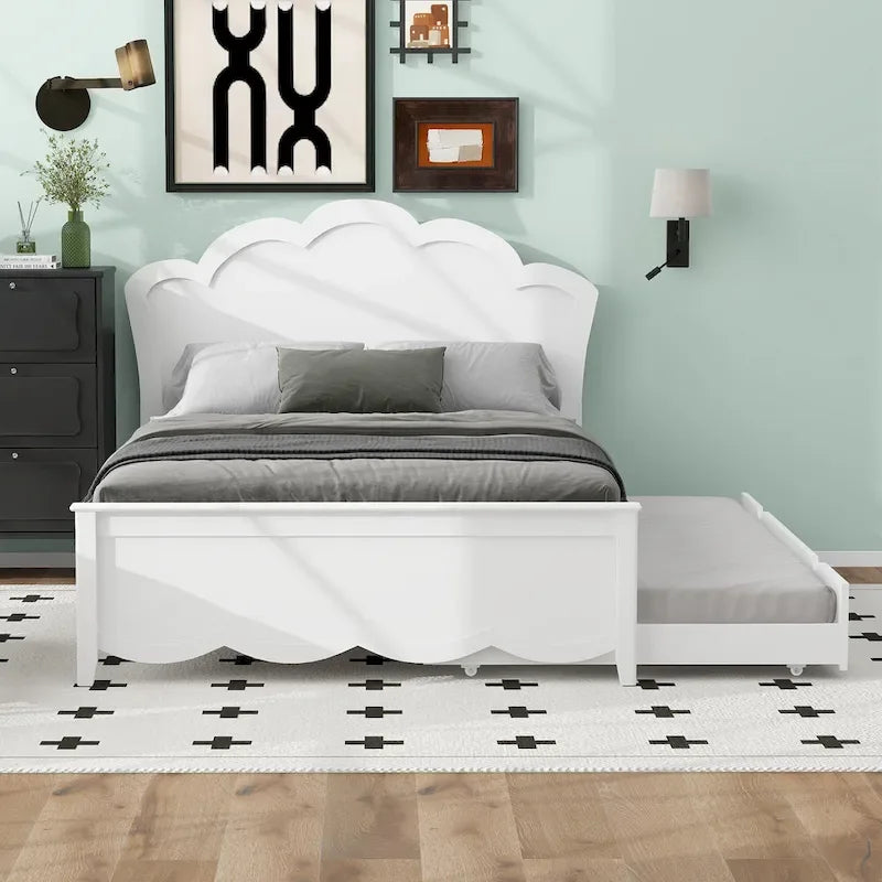 Lit plateforme moderne en bois blanc grand format avec tête de lit et lit gigogne double