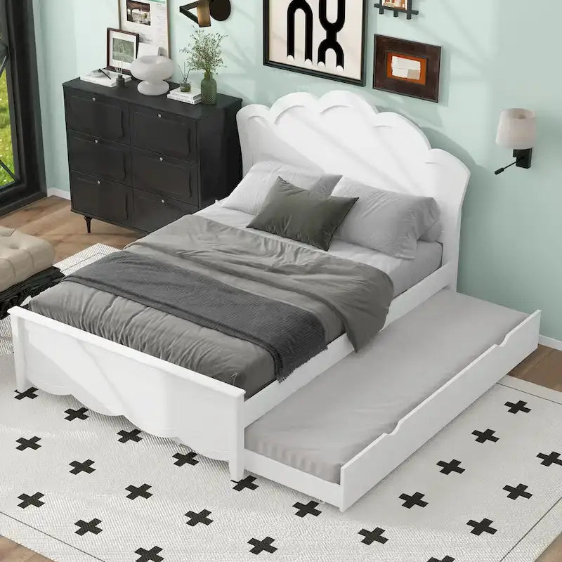 Lit plateforme moderne en bois blanc grand format avec tête de lit et lit gigogne double