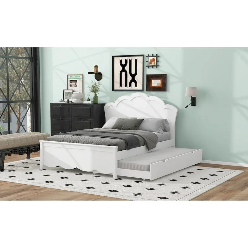 Lit plateforme moderne en bois blanc grand format avec tête de lit et lit gigogne double