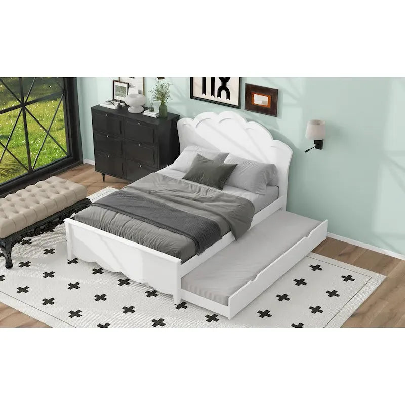 Lit plateforme moderne en bois blanc grand format avec tête de lit et lit gigogne double