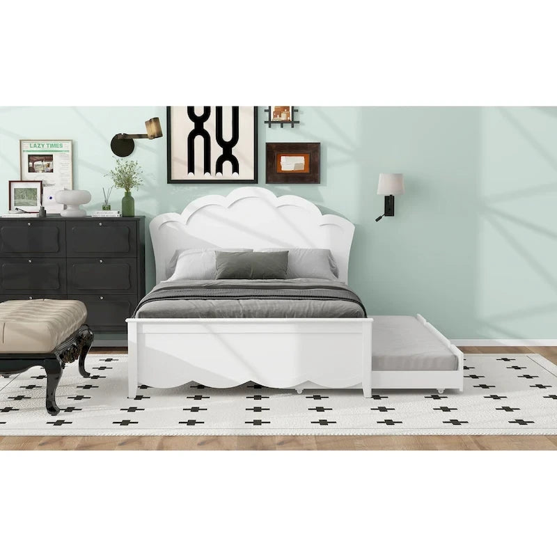 Lit plateforme moderne en bois blanc grand format avec tête de lit et lit gigogne double