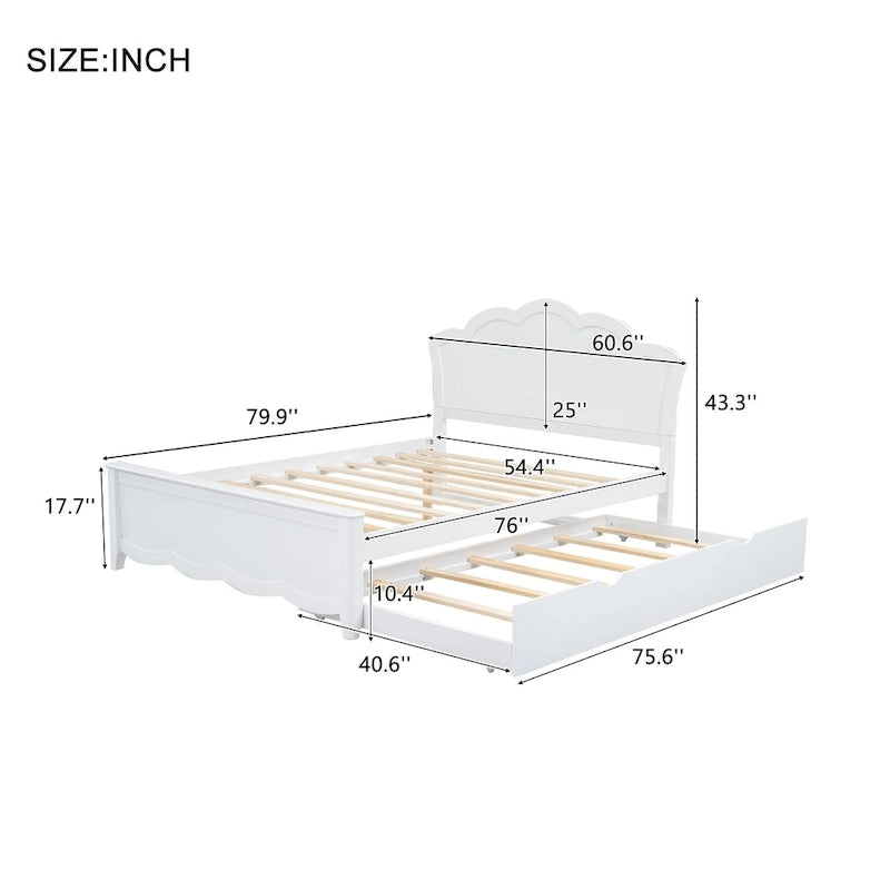 Lit plateforme moderne en bois blanc grand format avec tête de lit et lit gigogne double