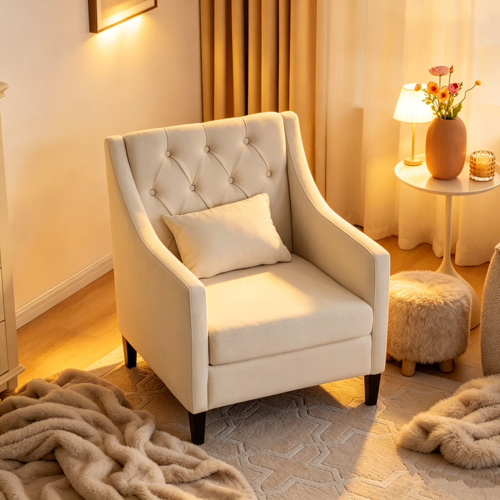 Fauteuil tapissé capitonné beige 30 avec oreiller lombaire