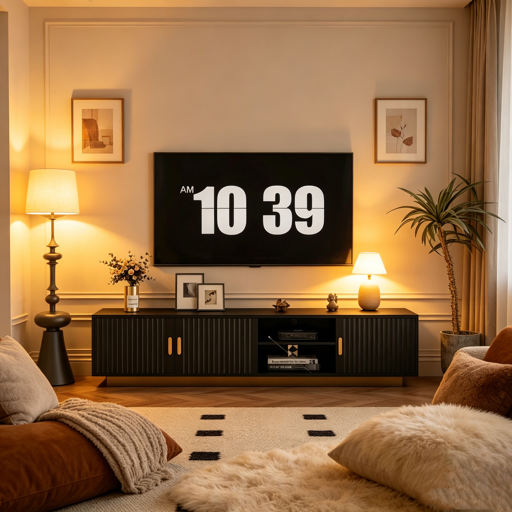 Meuble TV 65" noir de style mi-century avec lumières LED et rangement pour TV jusqu'à 60"