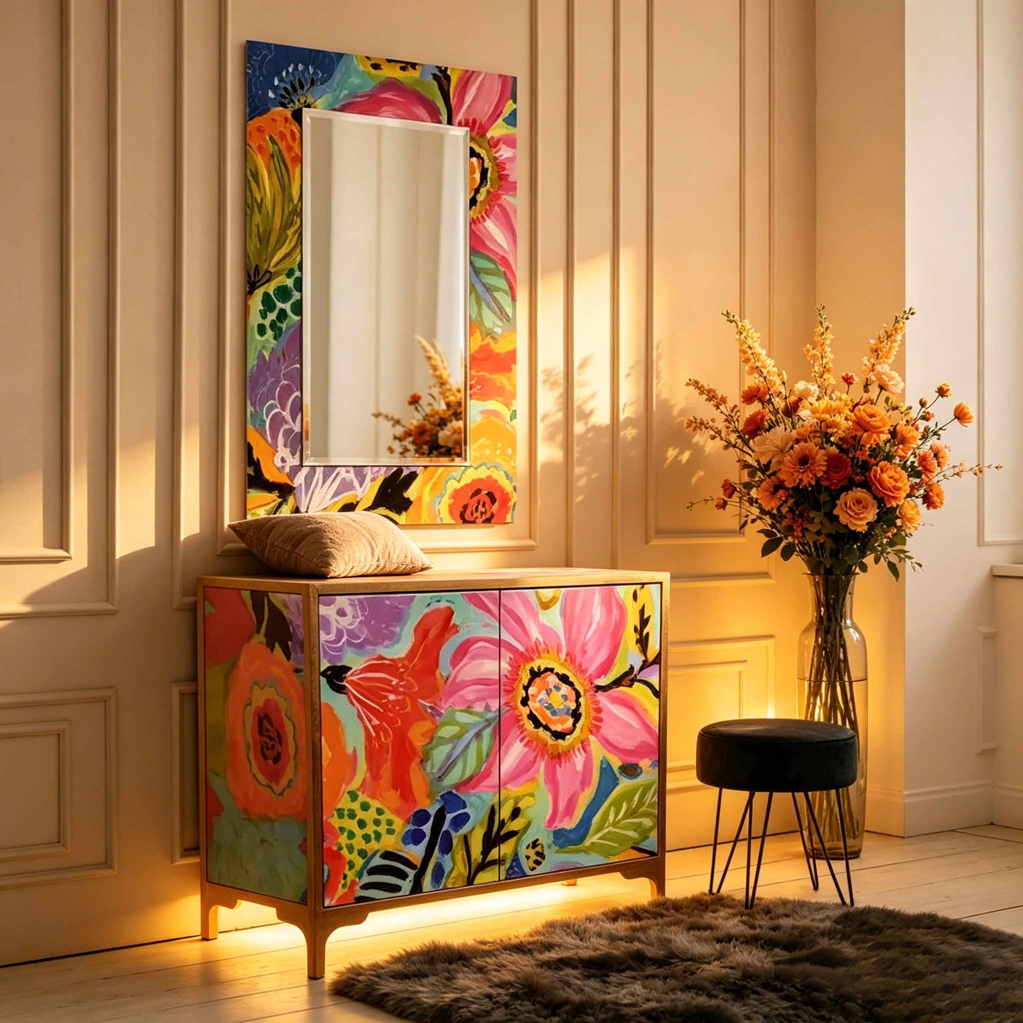 Table d'appoint et miroir d'armoire en verre imprimé