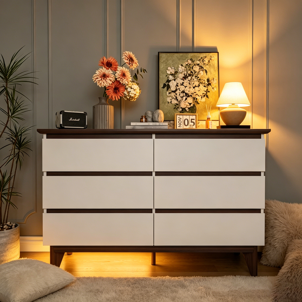 Commode double 6 tiroirs avec tiroirs larges, commode blanche pour chambre à coucher, commode de rangement en bois pour salon couloir