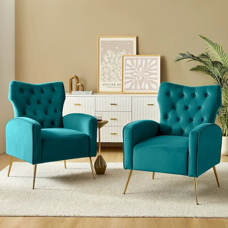 Fauteuil contemporain en velours capitonné à dossier haut avec pieds évasés en métal doré