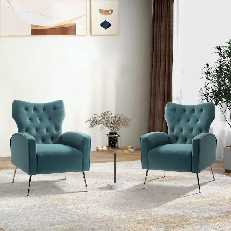 Fauteuil contemporain en velours capitonné à dossier haut avec pieds évasés en métal doré