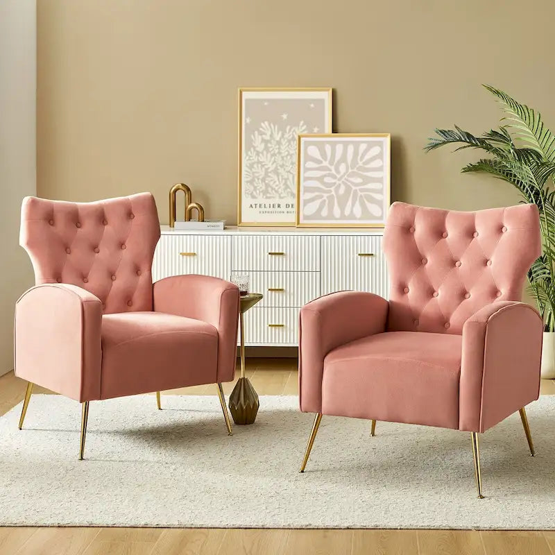 Fauteuil contemporain en velours capitonné à dossier haut avec pieds évasés en métal doré