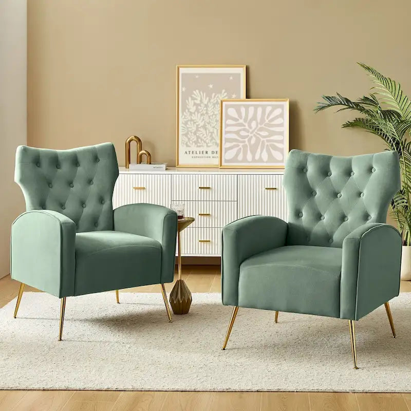 Fauteuil contemporain en velours capitonné à dossier haut avec pieds évasés en métal doré
