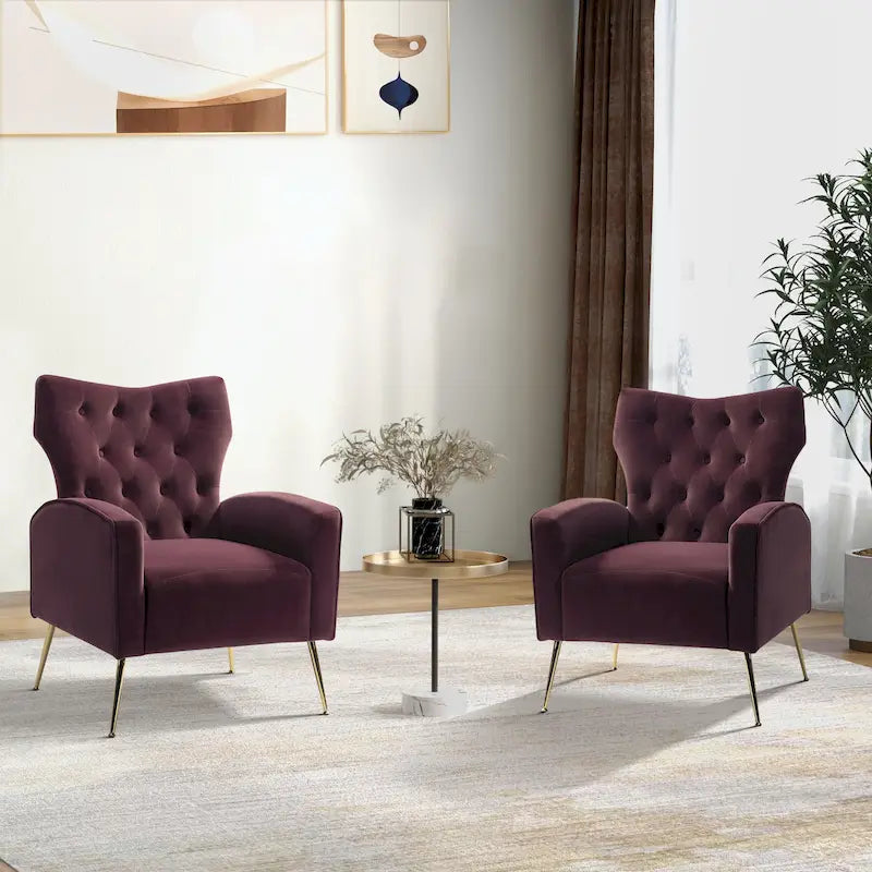 Fauteuil contemporain en velours capitonné à dossier haut avec pieds évasés en métal doré