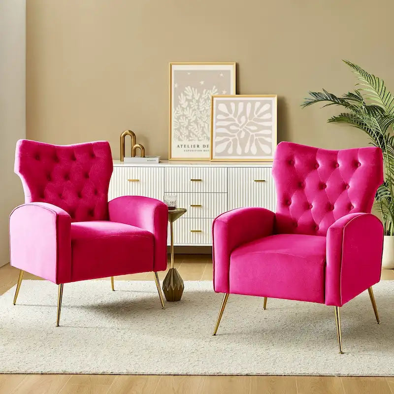 Fauteuil contemporain en velours capitonné à dossier haut avec pieds évasés en métal doré