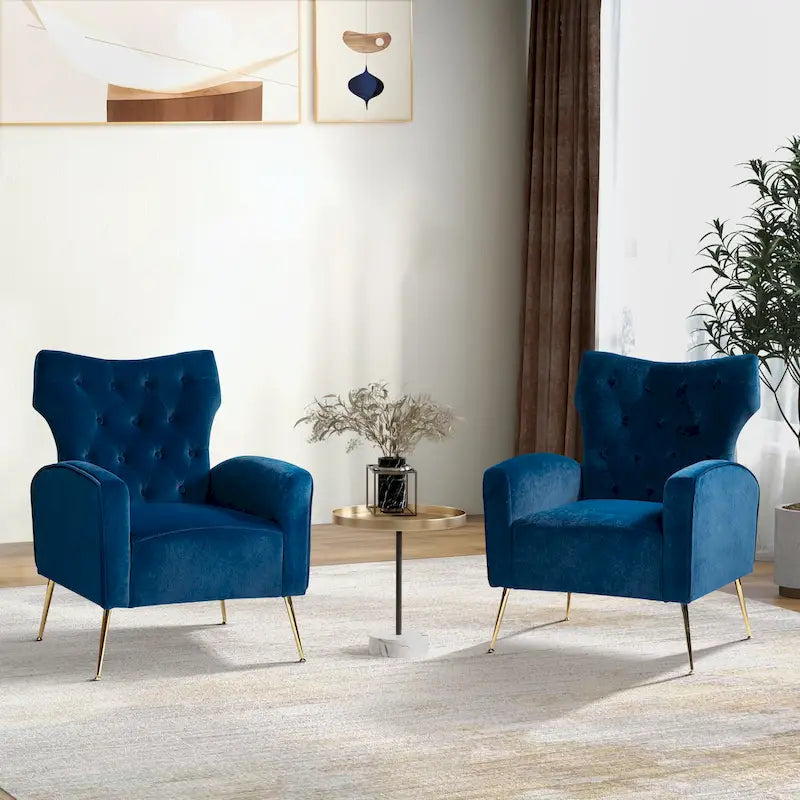 Fauteuil contemporain en velours capitonné à dossier haut avec pieds évasés en métal doré