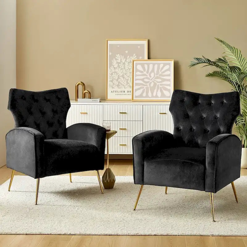 Fauteuil contemporain en velours capitonné à dossier haut avec pieds évasés en métal doré