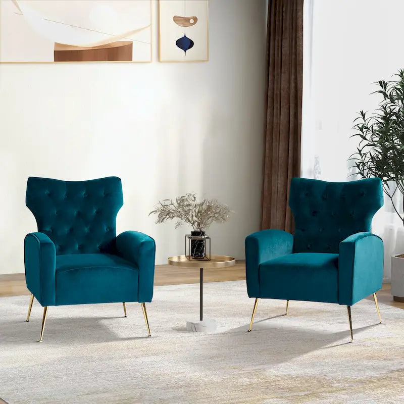 Fauteuil contemporain en velours capitonné à dossier haut avec pieds évasés en métal doré