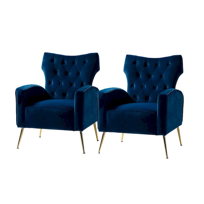 Fauteuil contemporain en velours capitonné à dossier haut avec pieds évasés en métal doré
