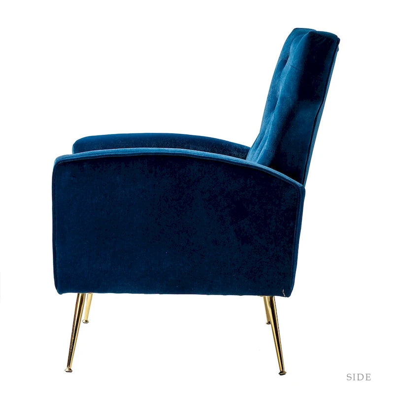 Fauteuil contemporain en velours capitonné à dossier haut avec pieds évasés en métal doré