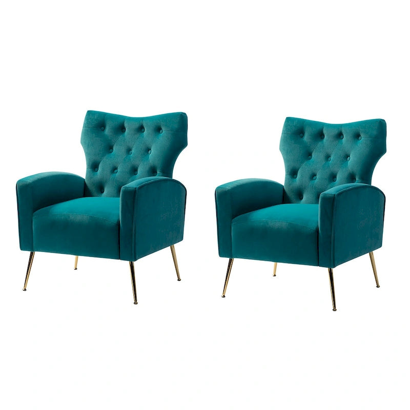 Fauteuil contemporain en velours capitonné à dossier haut avec pieds évasés en métal doré