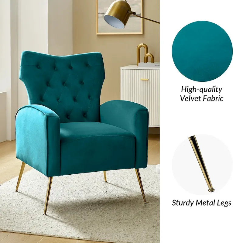 Fauteuil contemporain en velours capitonné à dossier haut avec pieds évasés en métal doré