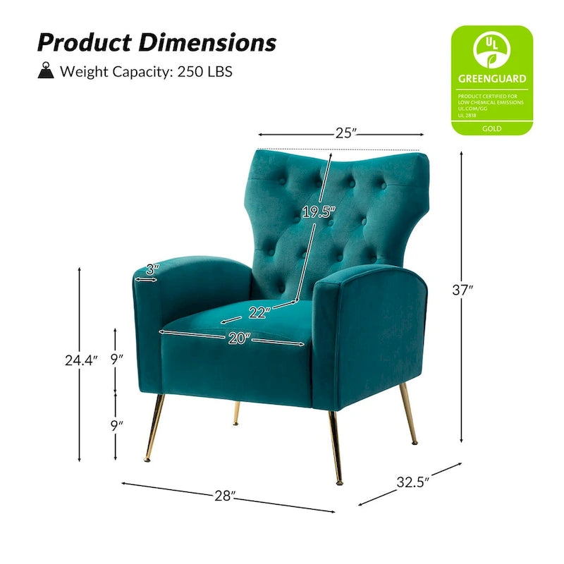 Fauteuil contemporain en velours capitonné à dossier haut avec pieds évasés en métal doré