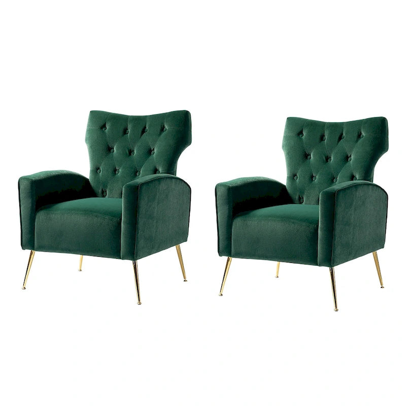 Fauteuil contemporain en velours capitonné à dossier haut avec pieds évasés en métal doré