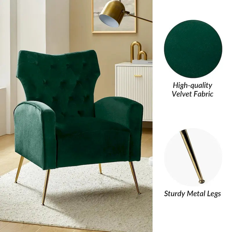 Fauteuil contemporain en velours capitonné à dossier haut avec pieds évasés en métal doré