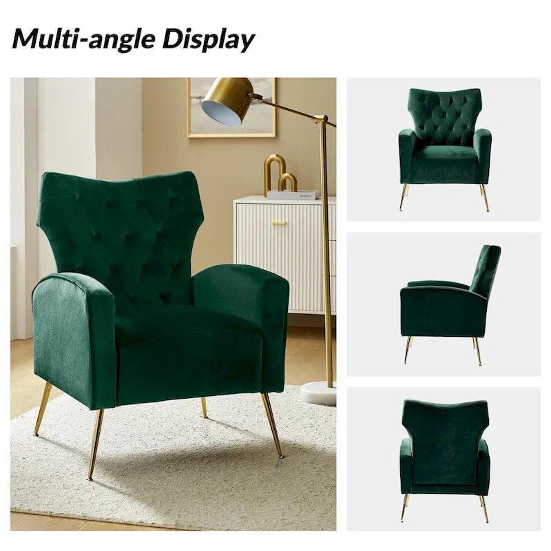 Fauteuil contemporain en velours capitonné à dossier haut avec pieds évasés en métal doré