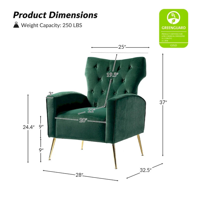 Fauteuil contemporain en velours capitonné à dossier haut avec pieds évasés en métal doré