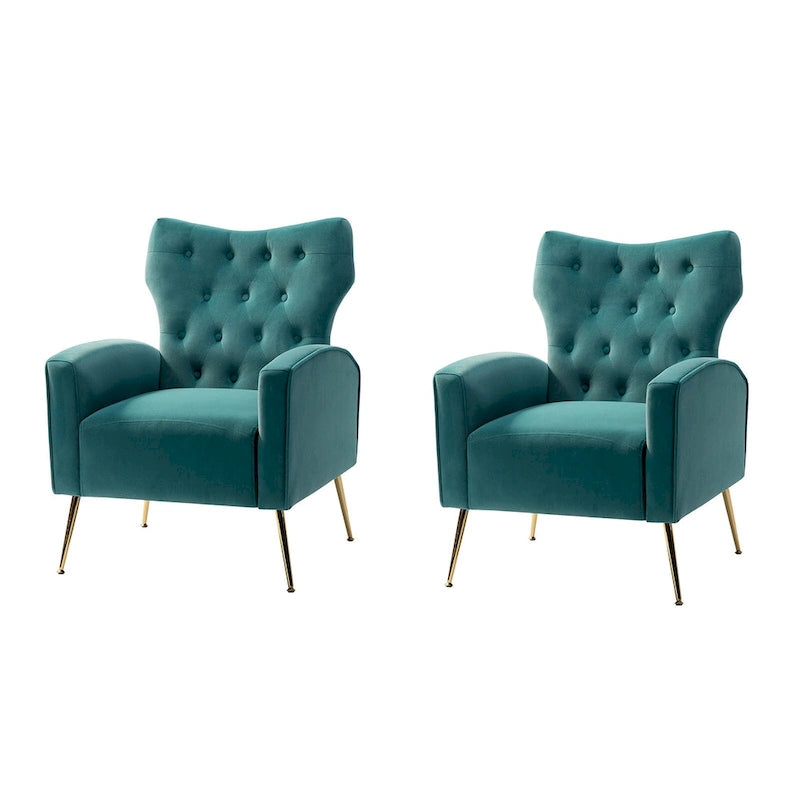 Fauteuil contemporain en velours capitonné à dossier haut avec pieds évasés en métal doré