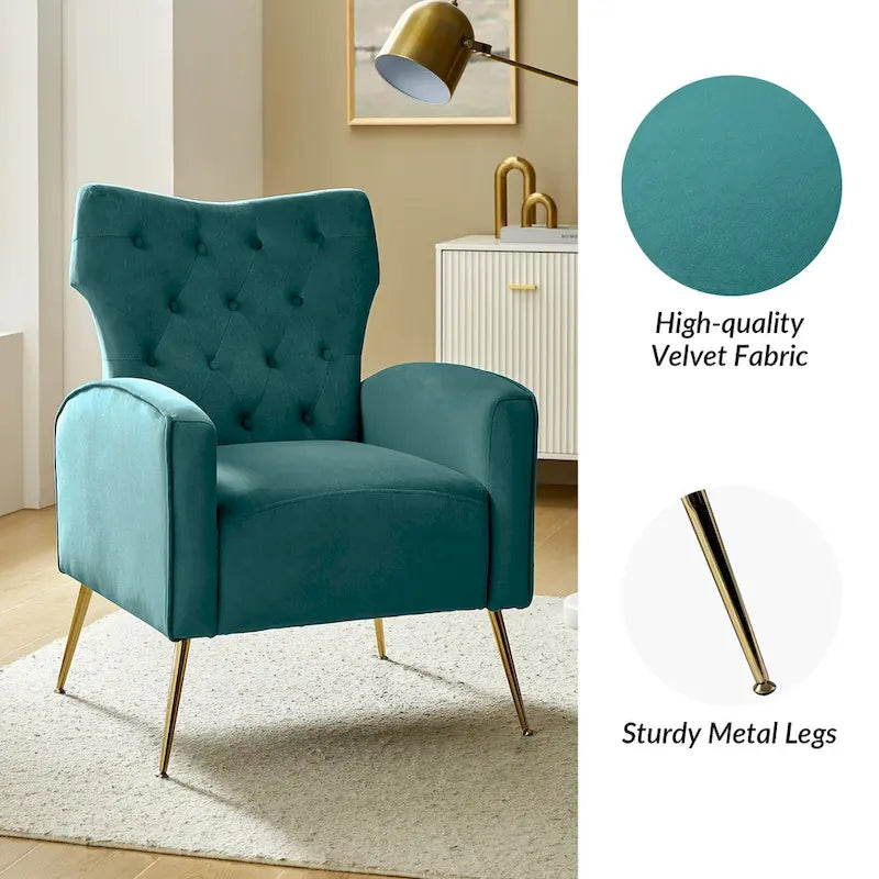 Fauteuil contemporain en velours capitonné à dossier haut avec pieds évasés en métal doré