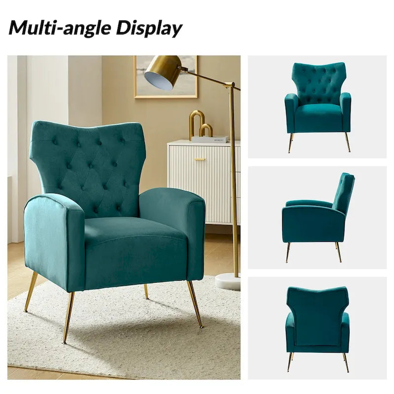 Fauteuil contemporain en velours capitonné à dossier haut avec pieds évasés en métal doré
