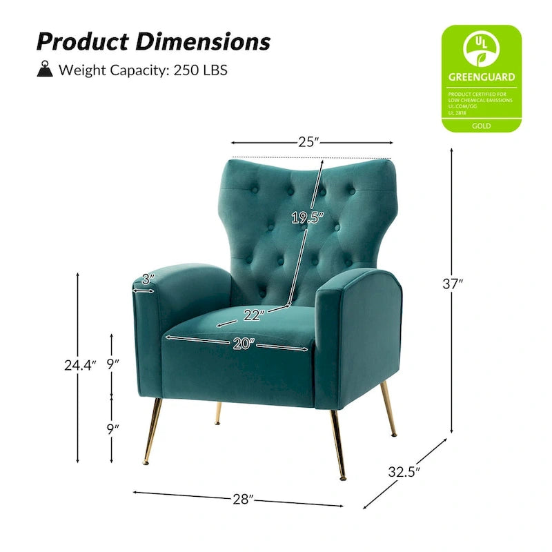 Fauteuil contemporain en velours capitonné à dossier haut avec pieds évasés en métal doré