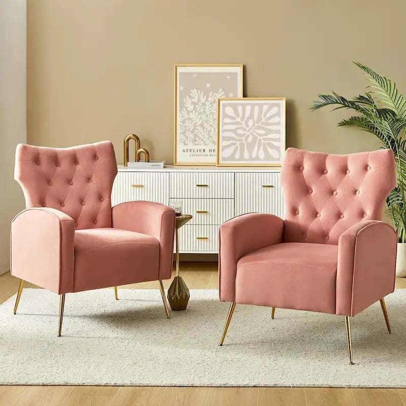 Fauteuil contemporain en velours capitonné à dossier haut avec pieds évasés en métal doré