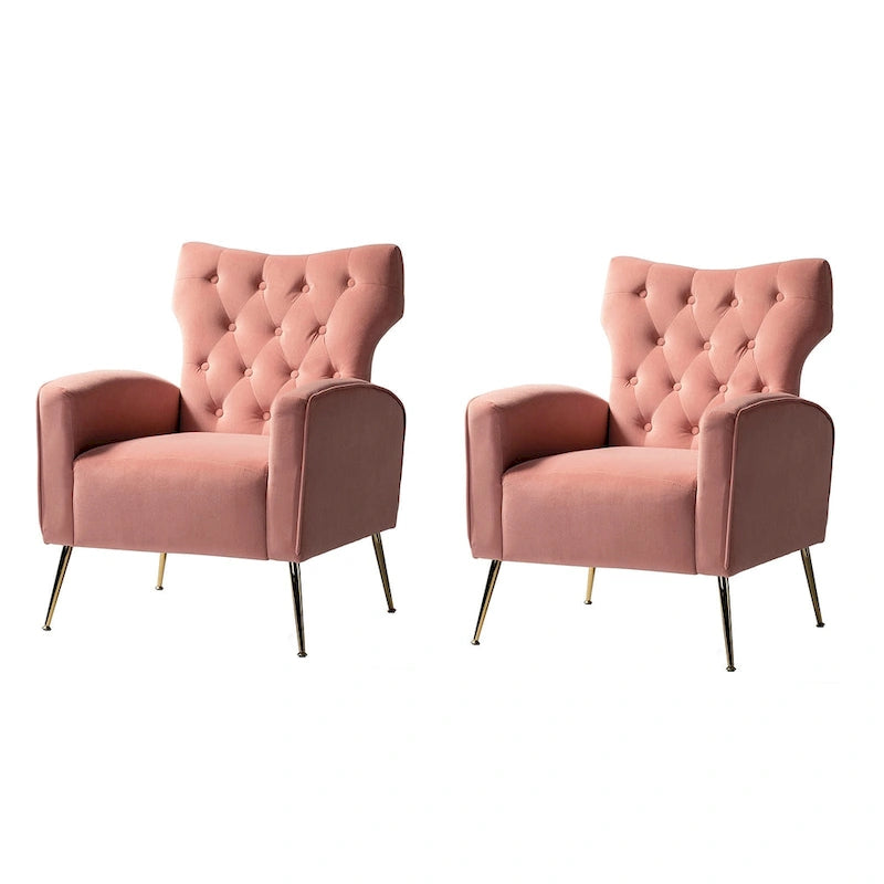 Fauteuil contemporain en velours capitonné à dossier haut avec pieds évasés en métal doré