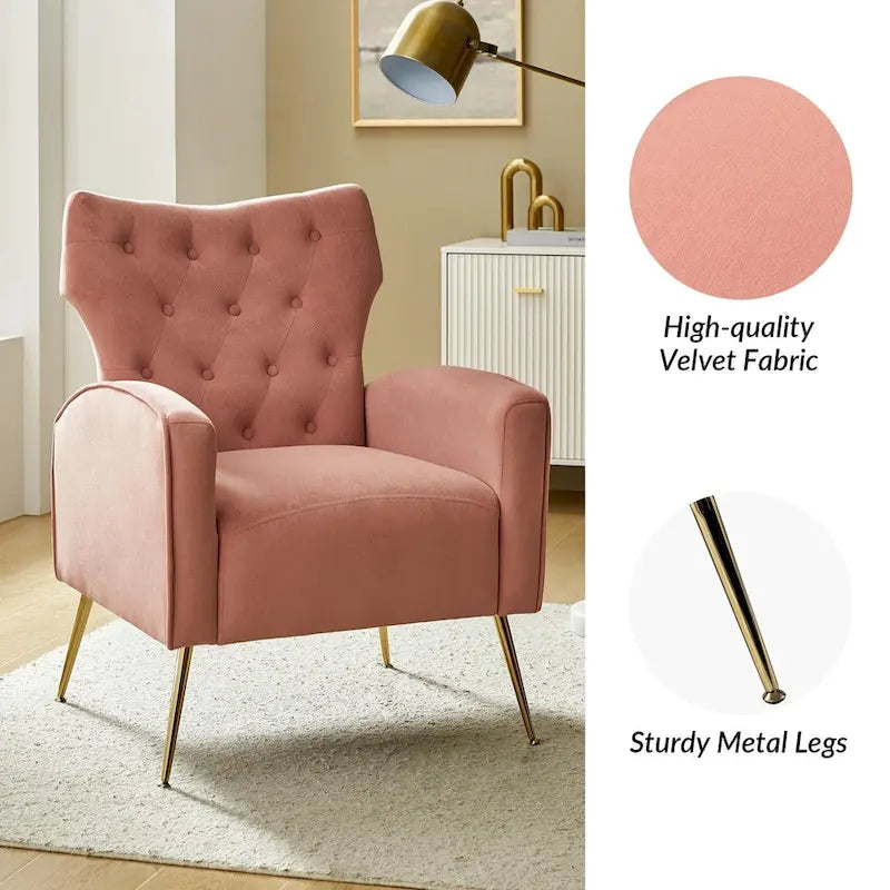 Fauteuil contemporain en velours capitonné à dossier haut avec pieds évasés en métal doré