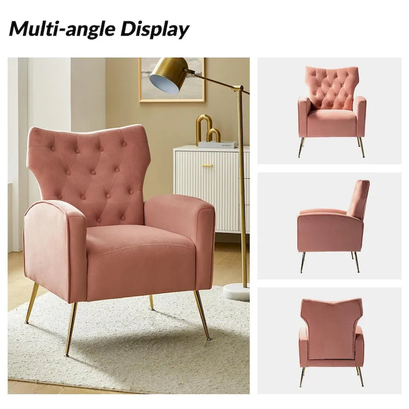 Fauteuil contemporain en velours capitonné à dossier haut avec pieds évasés en métal doré